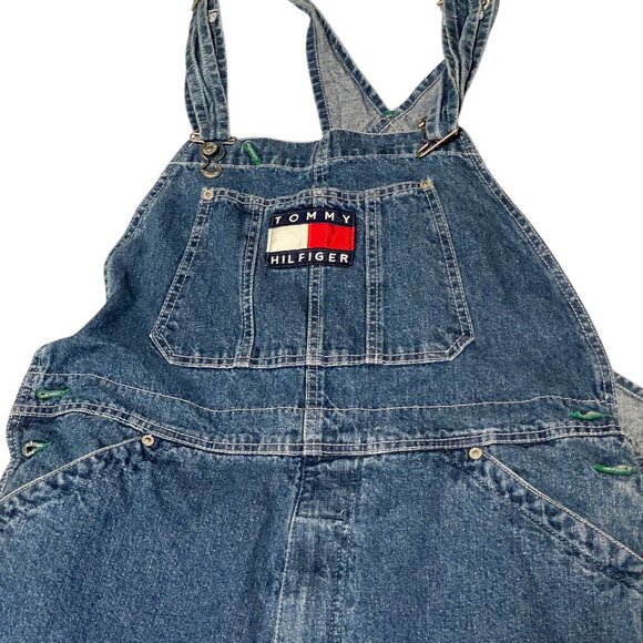 Vintage 90s Tommy Hilfiger Embroidered Logo Overalls Denim Jeans Medium - Picture 9 of 12